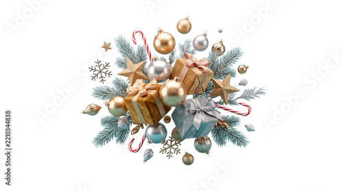 Explosión navideña de regalos, adornos, luces y elementos festivos sobre fondo transparente, creando una composición elegante, energética y premium para publicidad.
