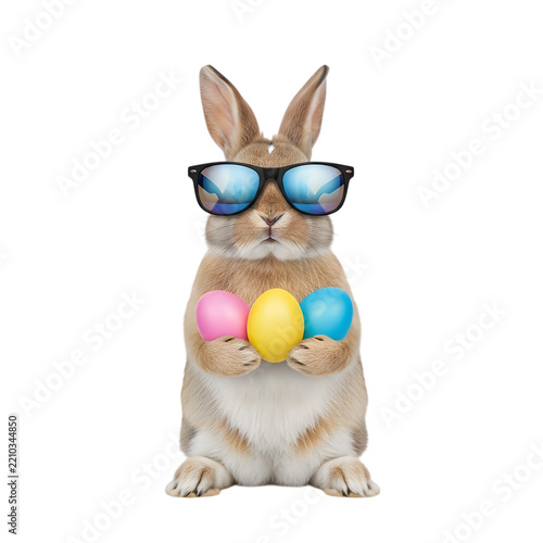 Cute cartoon rabbit holding colorful easter eggs with sunglasses