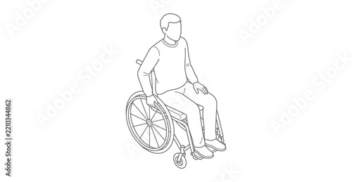 Isometric View Man Sitting in Manual Wheelchair with Hand on Wheel and Hand on Knee Line Art