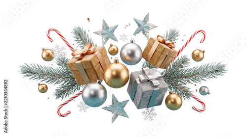Explosión navideña de regalos, adornos, luces y elementos festivos sobre fondo transparente, creando una composición elegante, energética y premium para publicidad.