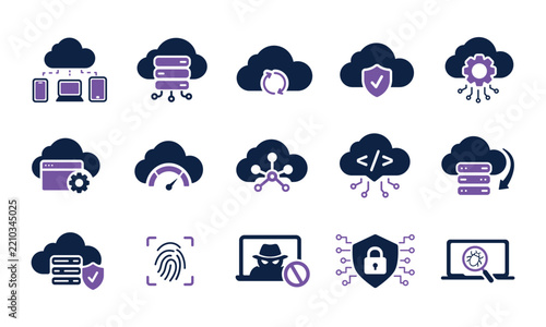 Cloud computing and cybersecurity icon set, database server and network security icons isolated on white background