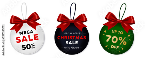 Round sale tag set with red bows and Christmas discount text