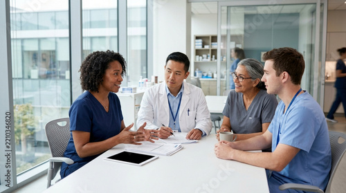 Diverse medical team discussing healthcare strategy at a table in modern hospital office.