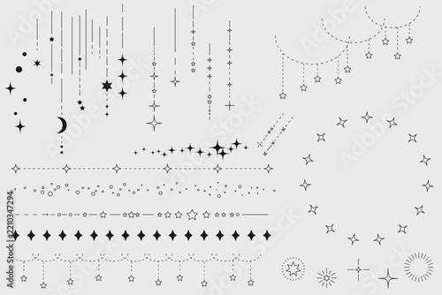 星空をイメージしたシンプルな飾り罫線・ラインのイラストセット　キラキラ　点線