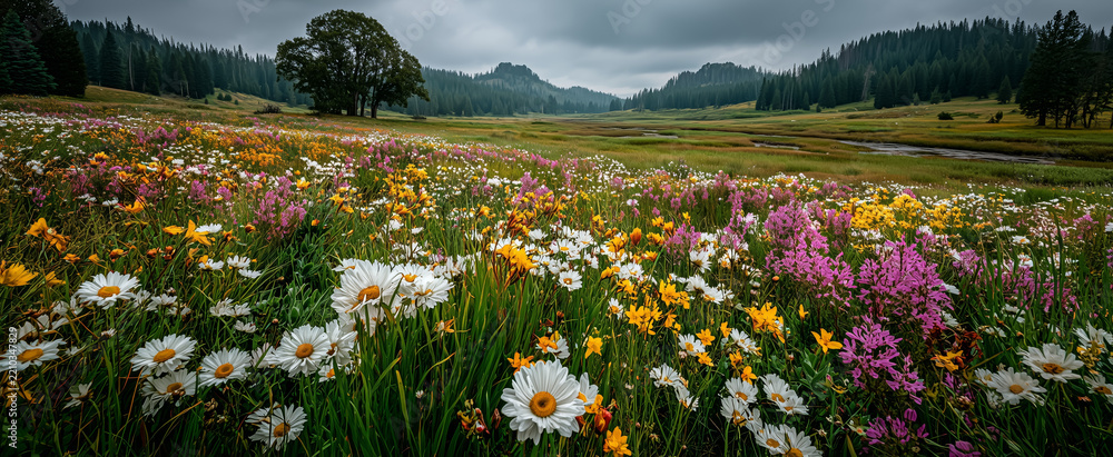 Obraz premium Mixed wildflower meadow with daisies beneath a cloudy rural sky