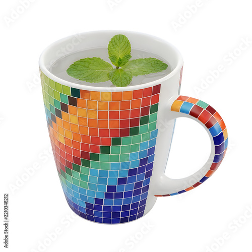 Colorful mosaic pattern ceramic mug with fresh green mint leaf