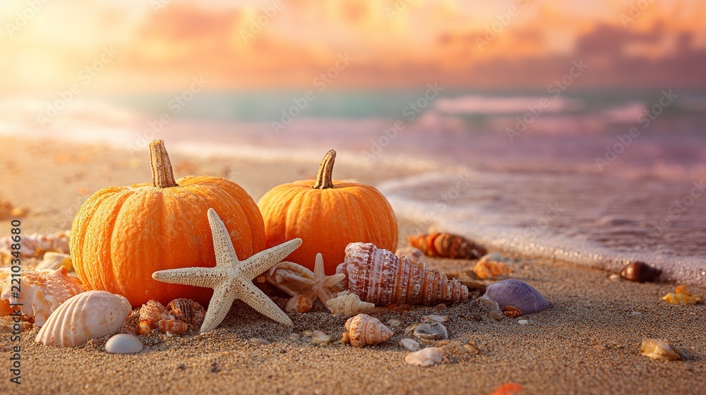 Fototapeta premium Vibrant orange pumpkins resting on sandy beach shore alongside white starfish and colorful seashells during warm sunset