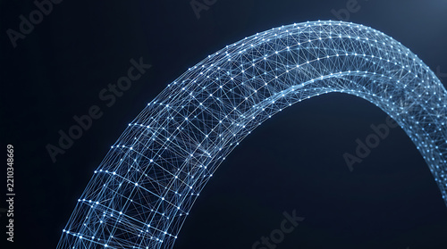 Luminous Wireframe Arch Mesh Structure in Dark Cyber Space