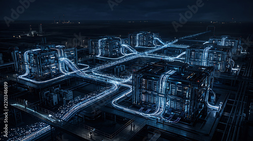 High Angle View of Modular Data Center Complex Connected by Luminous Cabling