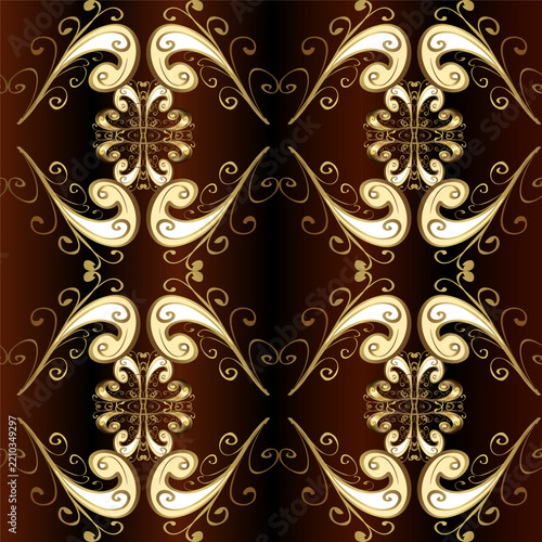 Luxury brown and gold vector seamless background with elegant damask ornaments, floral scrolls and ornate vintage details. Classic repeating pattern for wallpaper, textile and fabric design.