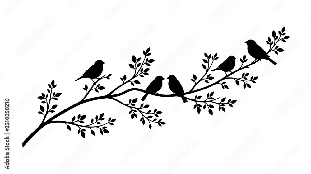 Obraz premium Black silhouette of birds perched on a leafy tree branch isolated on white background.