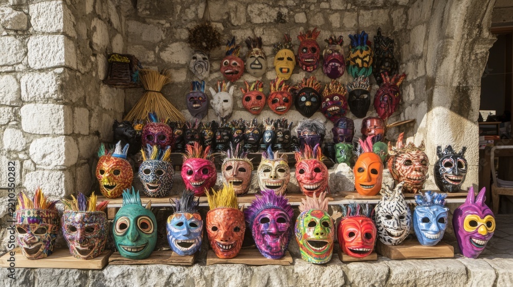 Fototapeta premium Handcrafted Colorful Carnival Masks Displayed on Stone Wall