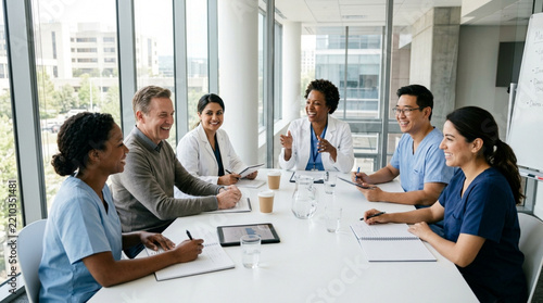 Diverse medical team in meeting, discussing healthcare strategy