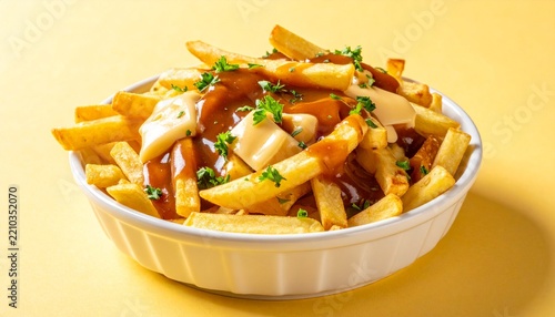A white ceramic bowl filled with authentic Canadian poutine consisting of crispy golden french fries, rich brown savory gravy, melted cheese curds, and green herbs isolated on solid yellow background3