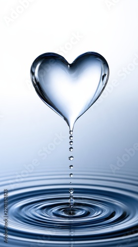 Clear heart shaped water droplet suspended above rippled surface with falling beads for love wellness banner and elegant background