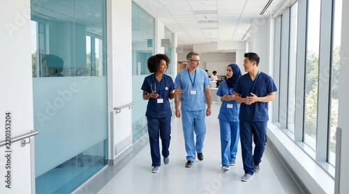 Diverse medical team walking in hospital hallway