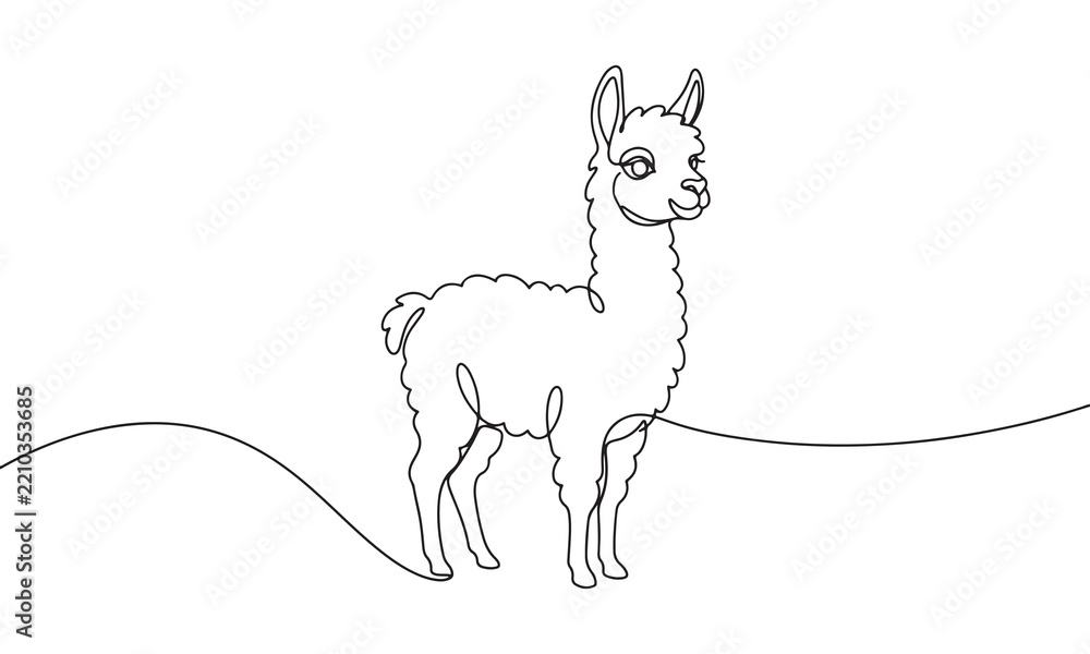 Obraz premium Continuous one line of a standing fluffy llama, minimalist animal isolated on a white background, simple of a cute farm animal with long neck and ears