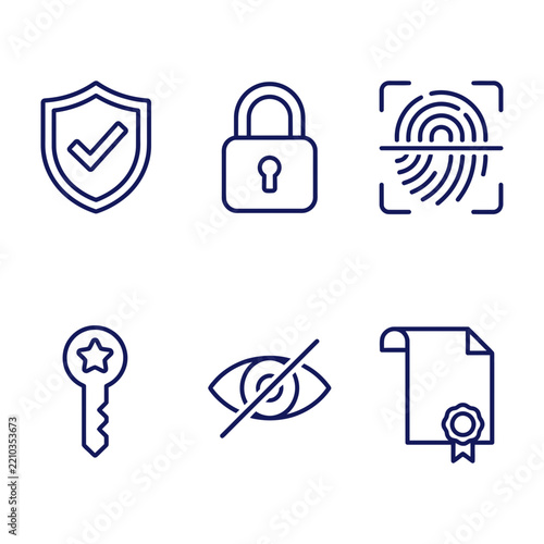Minimalist Security Icons Set: Shield, Lock, Key, Fingerprint, Privacy Eye, Certificate