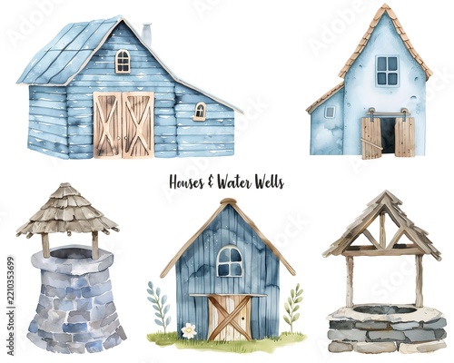 Houses and Water Wells Set