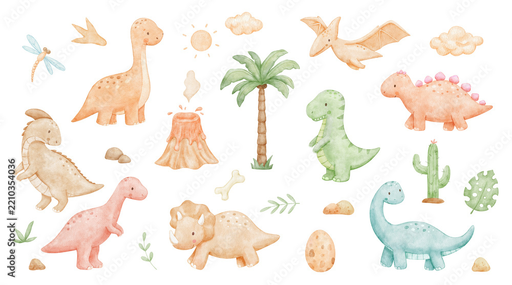 Obraz premium Cute dinosaurs set. Colorful watercolour t-rex, velociraptor and brontosaurus with egg and palm tree for childish graphic design projects. Nursery collection