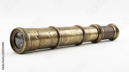 Vintage brass hand telescope on white background with old fashioned telescope spyglass nautical maritime navigation exploration instrument historic adventure discovery astronomy equipment