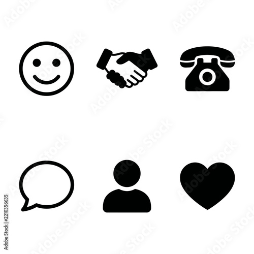 Set of Six Black Communication and Social Media Icons on White Background