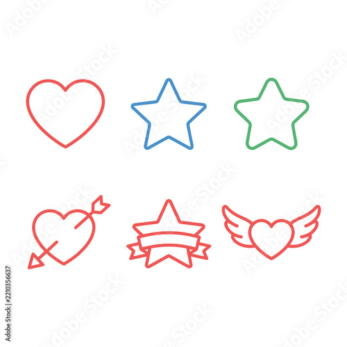 Colorful Outline Heart And Star Icons Set With Arrow, Wing, And Ribbon Banner
