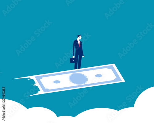 Businessman Flying on Money Carpet. Financial Growth and Investment Concept