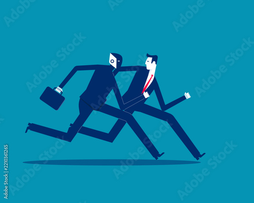 Business Artificial intelligence. Businessman and robot running a race