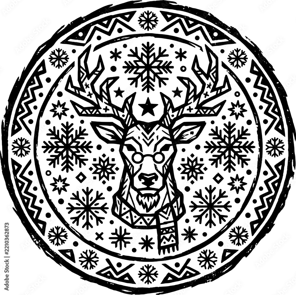 Fototapeta premium Vintage Retro Christmas Ugly Sweater Reindeer Badge, Vector Illustration