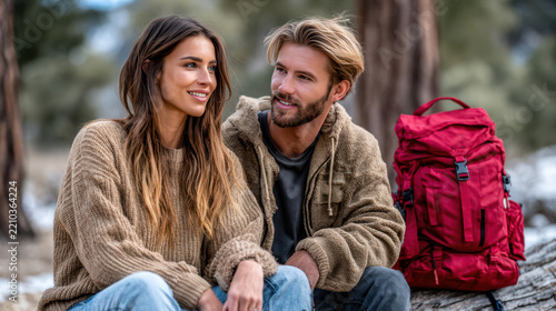 Winter hiking couple resting on forest trail with red backpack, layered fleece sweaters and boots during scenic mountain break for outdoor recreation, gear check and trail planning
