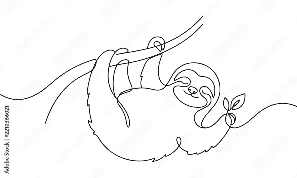 Obraz premium Continuous single line of a cute sloth hanging from a tree branch, minimalist jungle animal with a simple black outline on a white background, tropical mammal