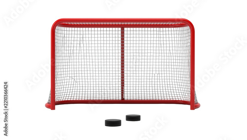 Red hockey goal net with two black pucks, isolated on transparent background
