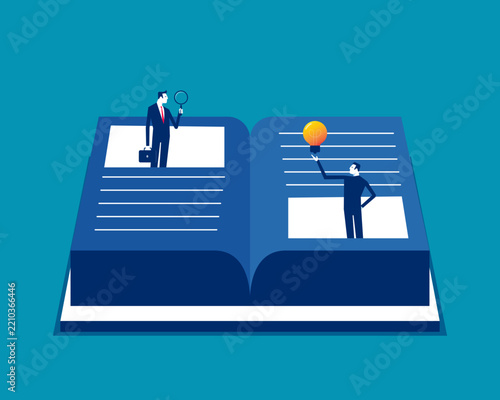 Business people are exploring with large books open. Business flat design style vector illustration.