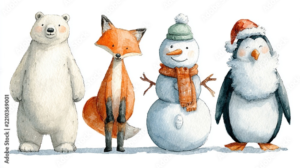Fototapeta premium Cute watercolor illustrations featuring friendly polar bear fox snowman and penguin standing together in winter season