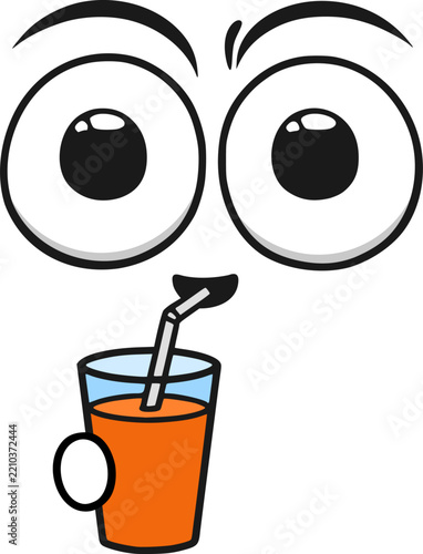 Funny big-eyed character drinking fresh orange juice through a straw from a glass.