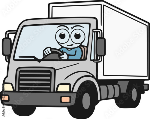 Funny cartoon transport truck driving along a road for delivery and logistics purposes draw