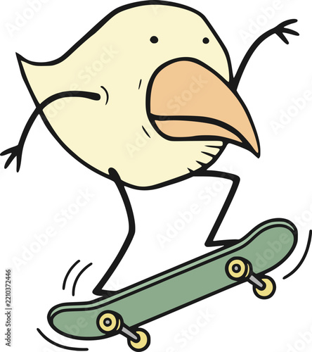 Funny cartoon bird jumps while performing impressive skateboard tricks with playful airborne movements.