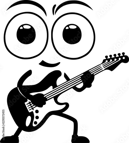 Funny cartoon character with big eyes playing an electric guitar during a lively musical performance.
