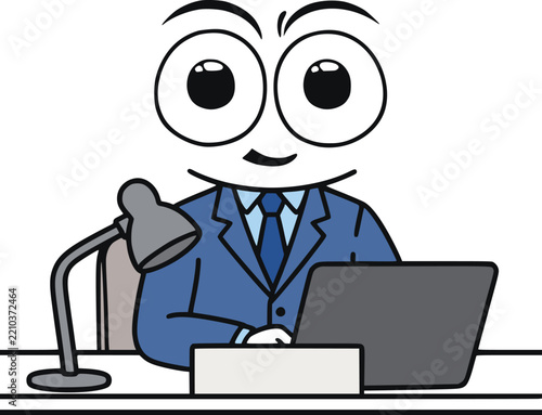 Funny cartoon manager sitting at an office desk using a laptop computer.
