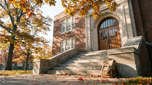 Historic school building entrance framed by golden autumn foliage and scattered leaves, creating a warm nostalgic back-to-school campus atmosphere.