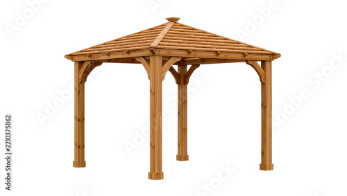Wooden hexagonal gazebo structure with slatted roof, isolated on transparent background