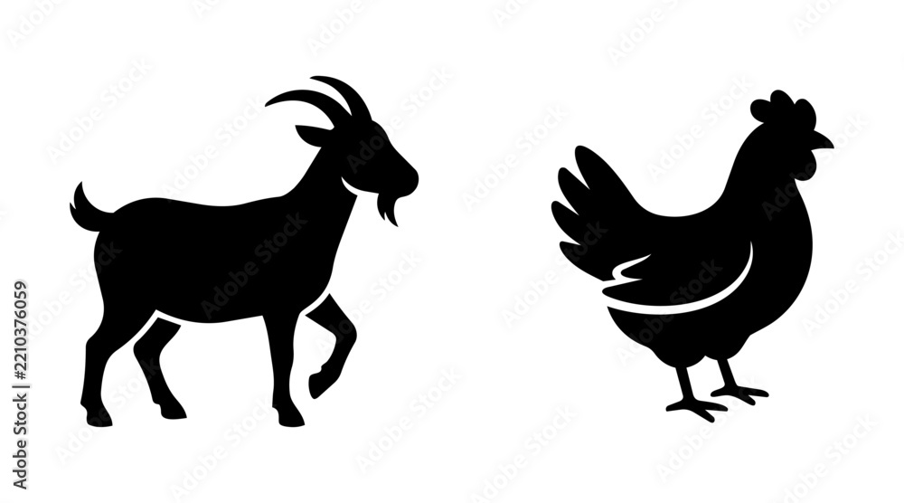 Fototapeta premium Black silhouette icons of goat and chicken standing on white background vector