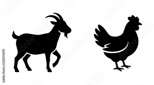 Black silhouette icons of goat and chicken standing on white background vector