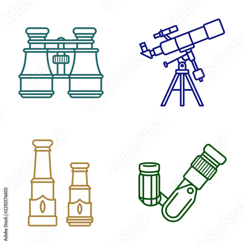 Astronomy Observation Equipment Line Art Including Binoculars Telescope and Magnifier