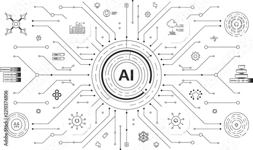 Artificial intelligence concept diagram illustrating complex data network connections futuristic cyber technology machine learning and digital processor infographic elements on white background