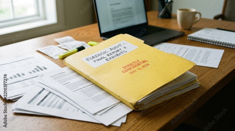 Obraz premium Forensic Audit Report Folder on Desk with Laptop Documents and Coffee Mug