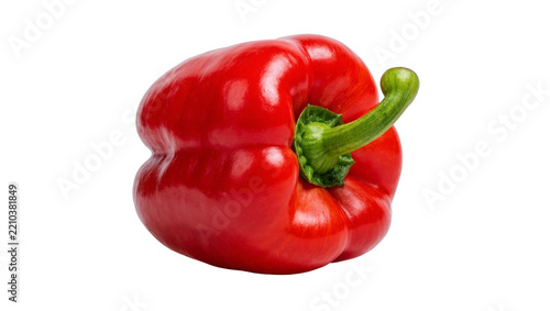 Shiny red bell pepper with green stem, isolated on transparent background