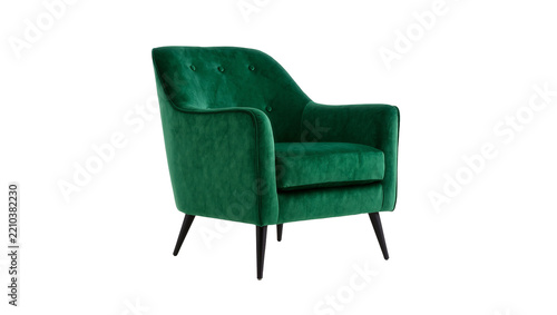 Deep green velvet armchair with tufted back, isolated on transparent background