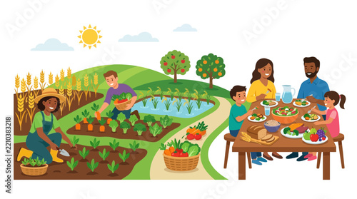 Family Enjoying Fresh Organic Farm to Table Harvest Meal After Gardening Together in Sunny Sustainable Rural Agricultural Vegetable Garden
